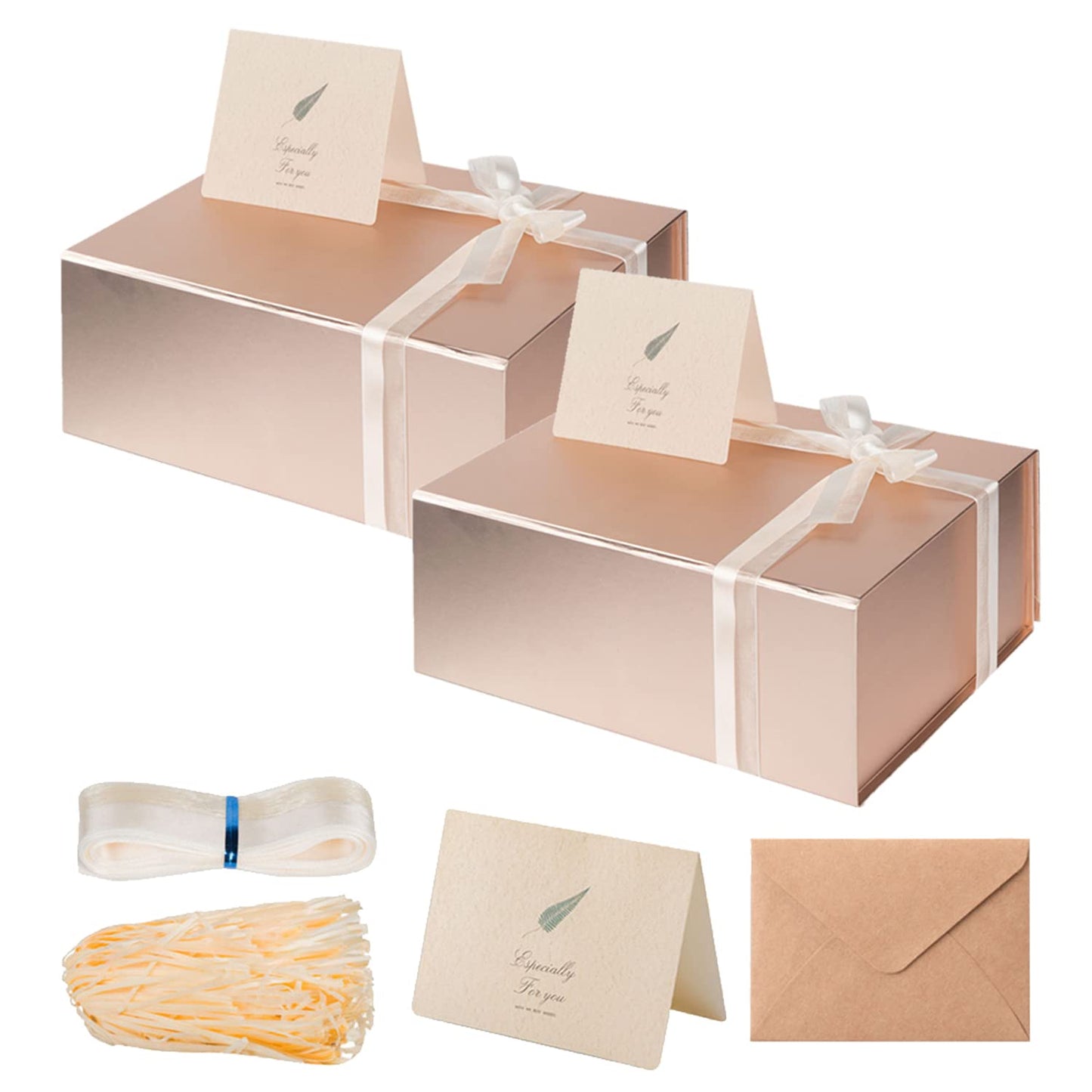 Gift Boxes with Lids 2 Pack - Magnetic Closure with Ribbon, Card, Filler & Sticker 1 Count (Pack of 2) Rose Gold