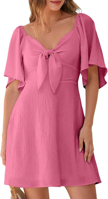 Women's Deep V-Neck Mini Dress with Bow Tie - Elegant Summer Fall Outfit Peach Blossom