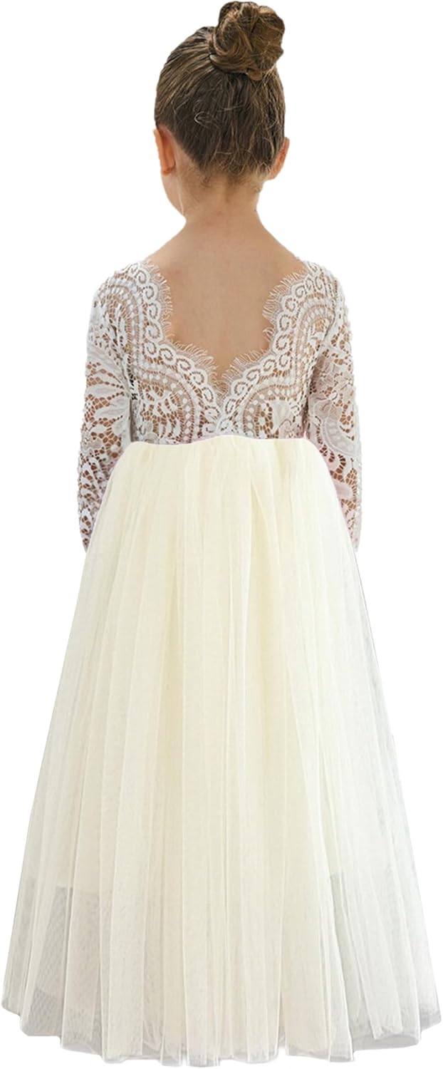 Girls Tulle Flower Girl Dress - Lace Back A-Line Party Dress Ivory Sleeve Maxi