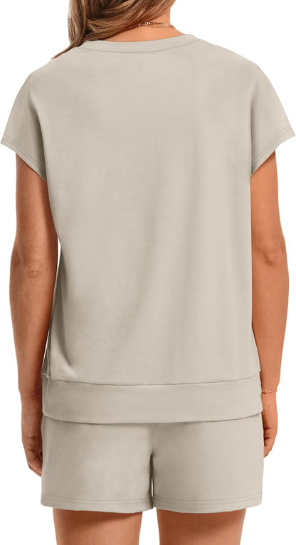 Women's 2 Piece Summer Lounge Set Crew Neck Short Sleeve Tracksuit