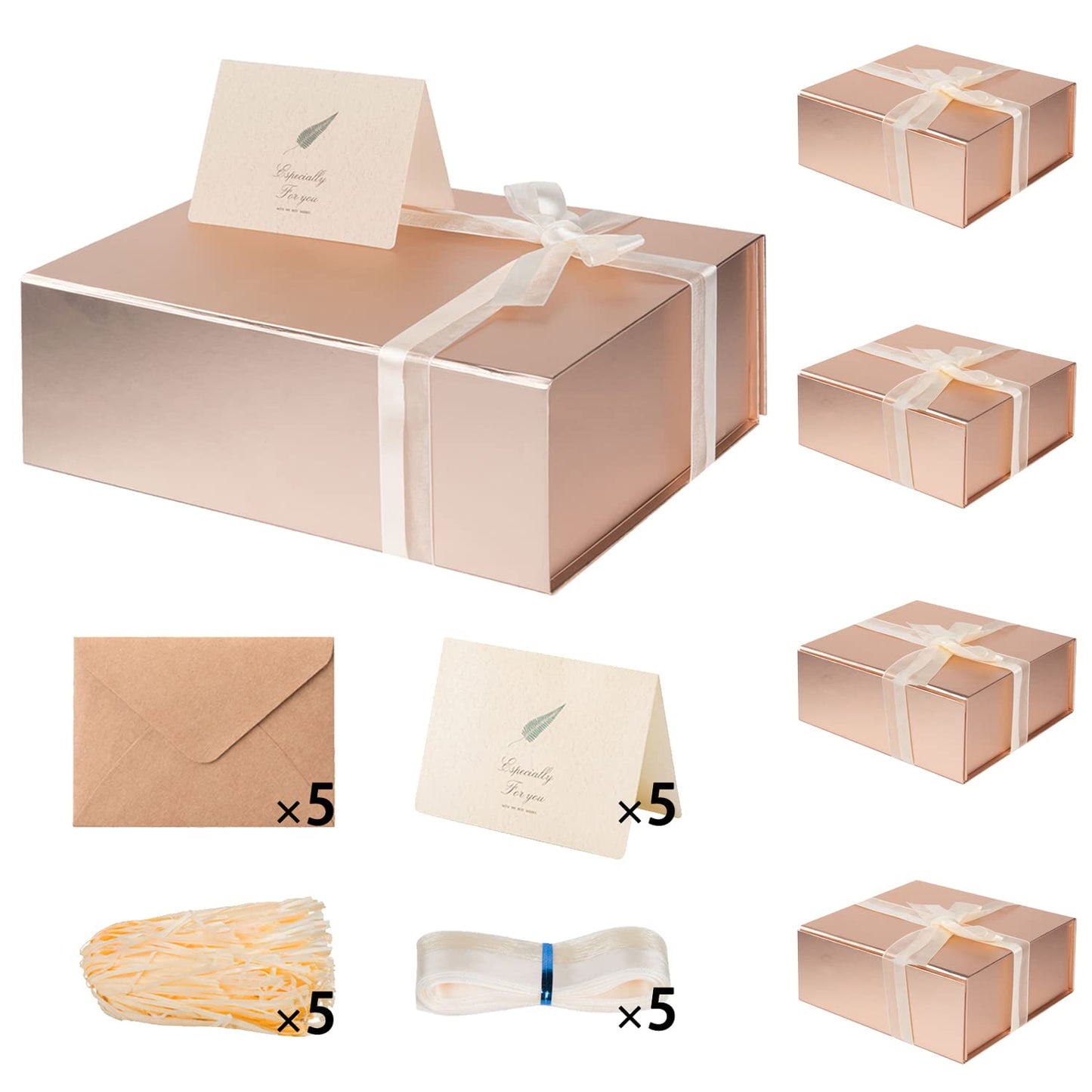 Gift Boxes with Lids 2 Pack - Magnetic Closure with Ribbon, Card, Filler & Sticker 1 Count (Pack of 5) Rose Gold