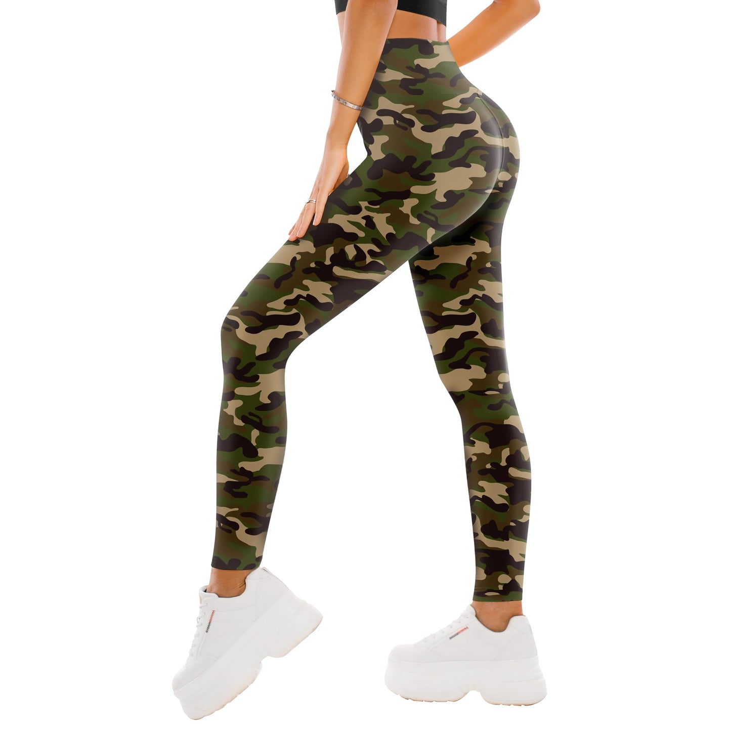 High Waisted Leggings for Women - Buttery Soft Yoga Pants with Tummy Control Full Length Green Camo
