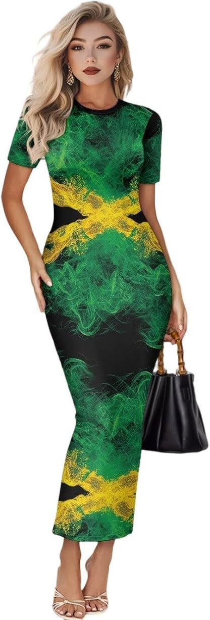 Women's Jamaican Flag Bodycon Midi Dress Short Sleeve