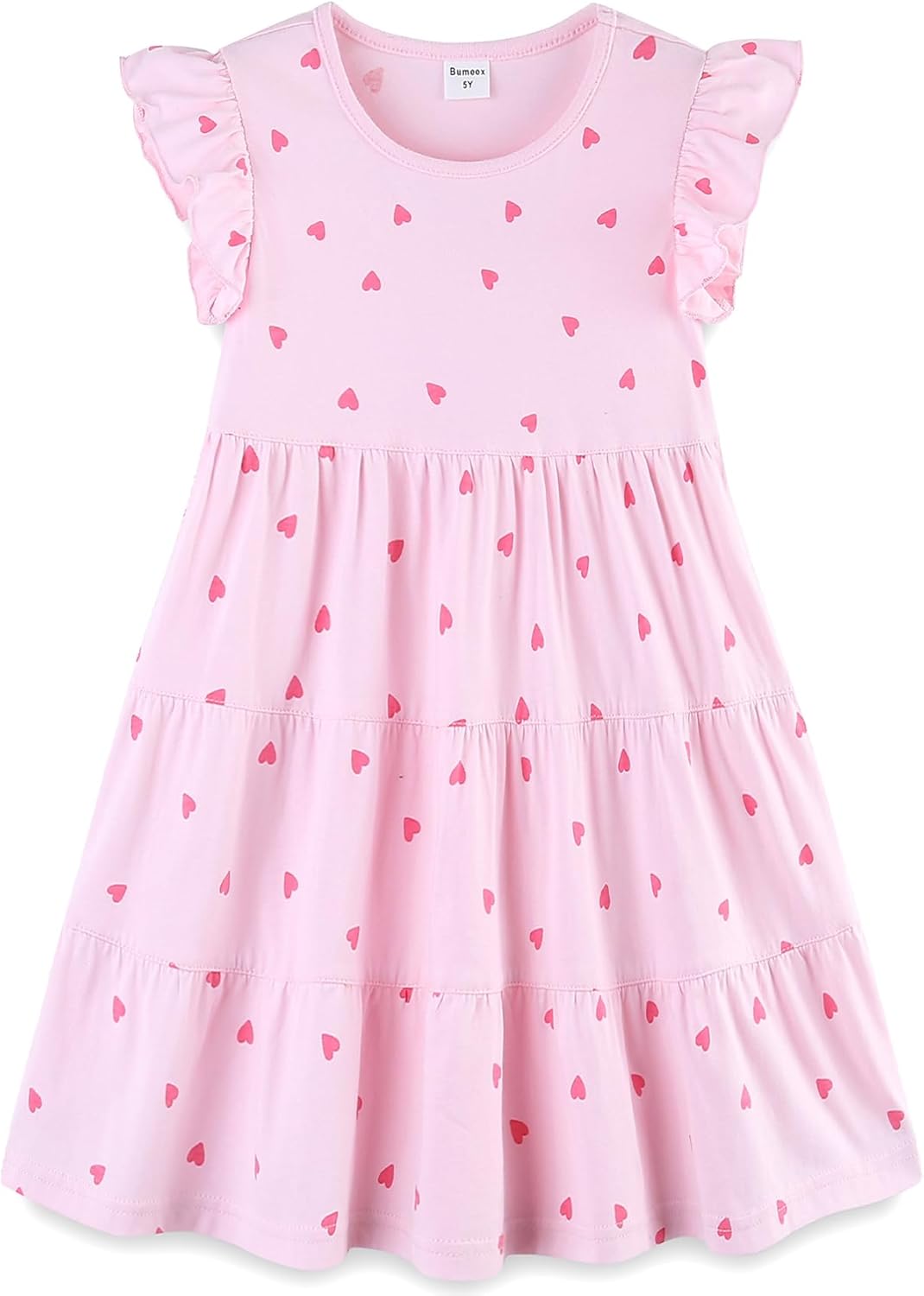 Girls Cotton Dress - Ruffle Sleeve Tiered A-Line Midi Sundress