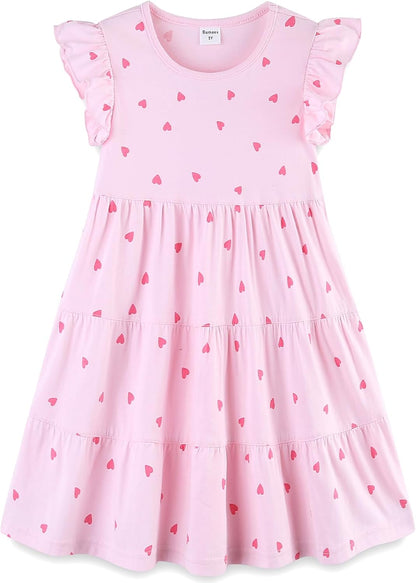 Girls Cotton Dress - Ruffle Sleeve Tiered A-Line Midi Sundress Pink Hearts