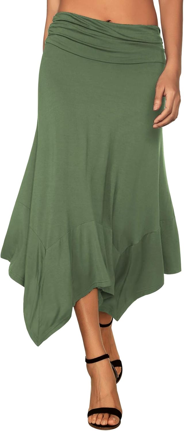 Women's Flowy Handkerchief Hemline Midi Skirt - Elastic Waist Asymmetrical Hem Grass Green