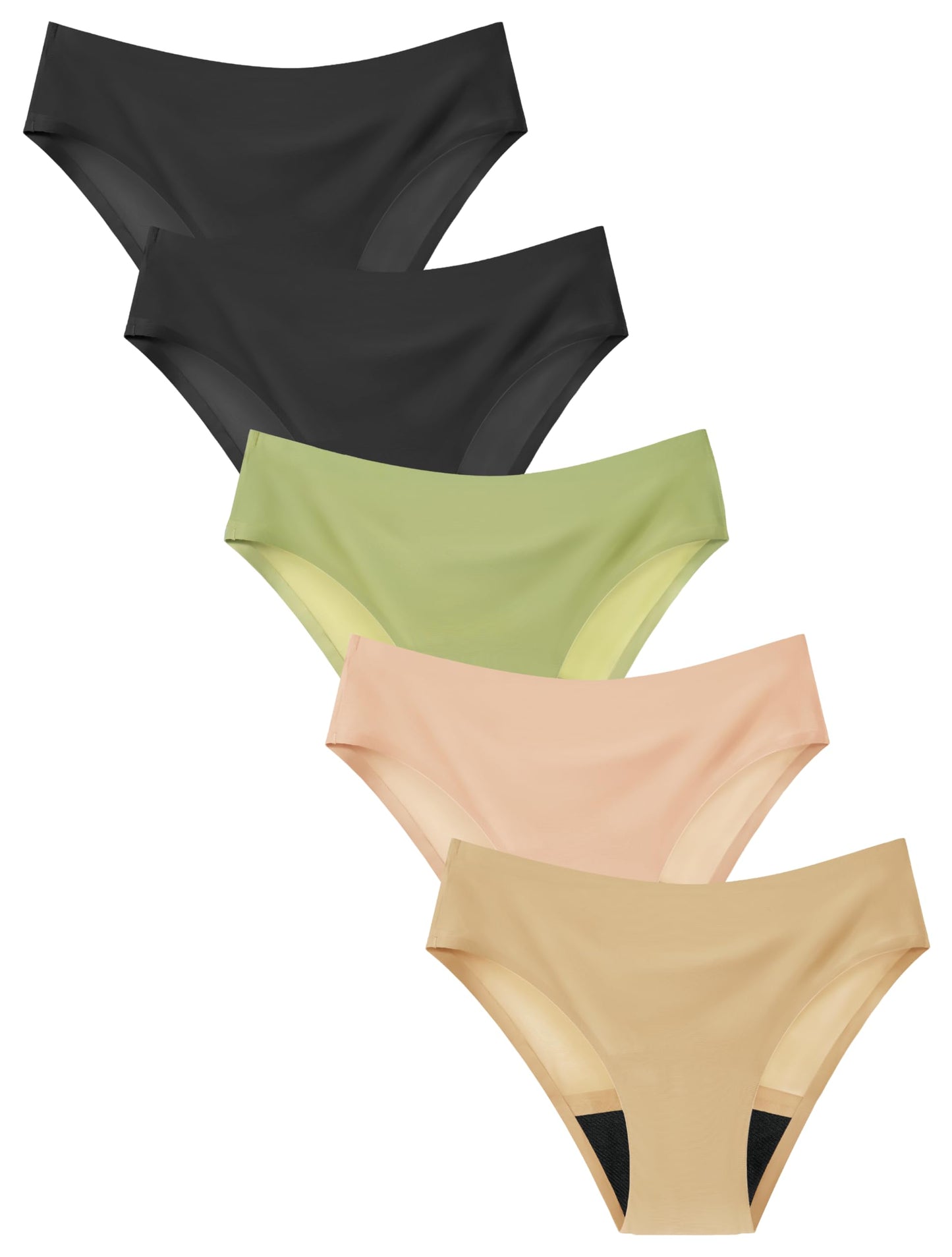 Teen Period Underwear 5-Pack - Seamless Leakproof Menstrual Panties for Girls 2 Black Beige Pink Green