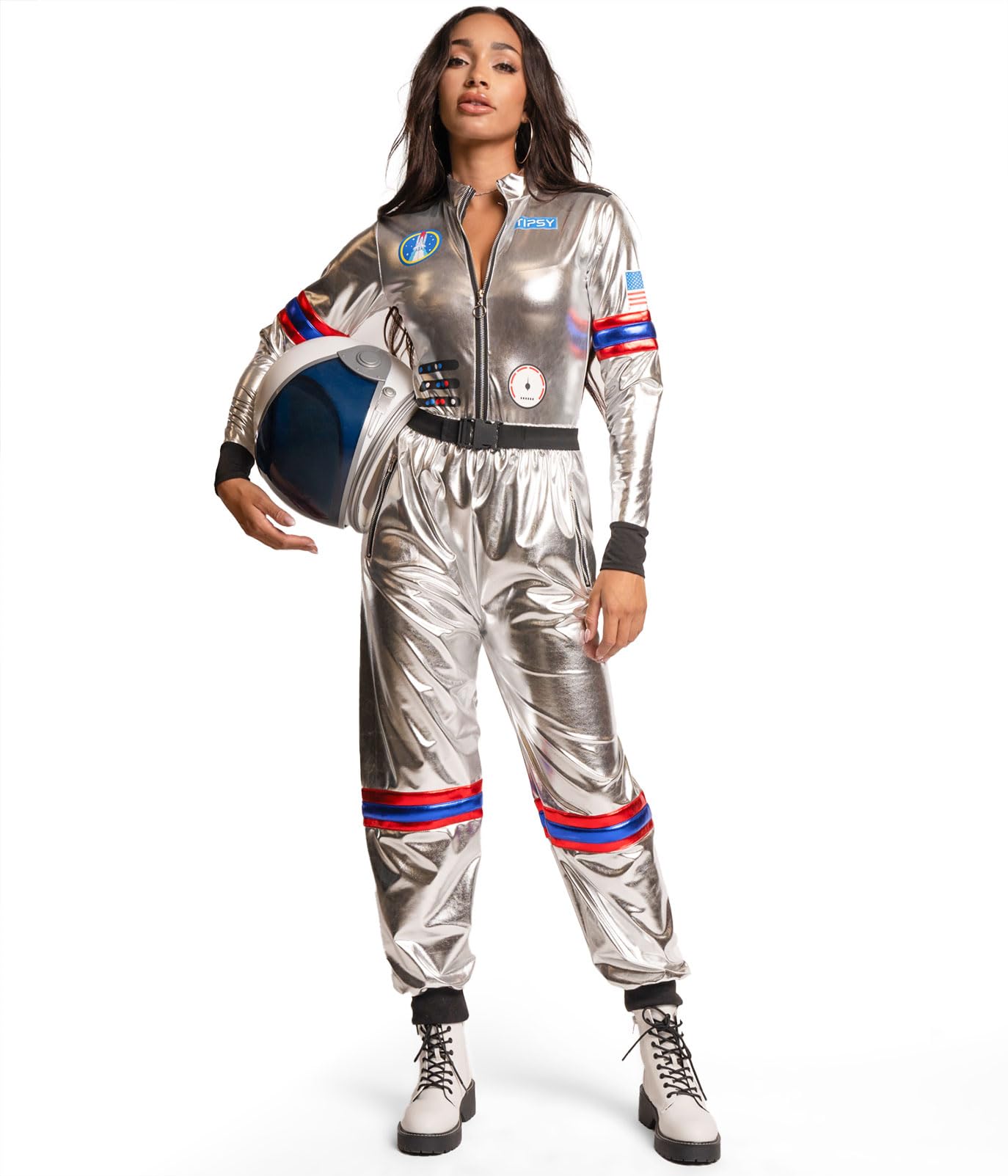 Women's Front Zip Halloween Bodysuit - Shiny Two Piece Astronaut Costume