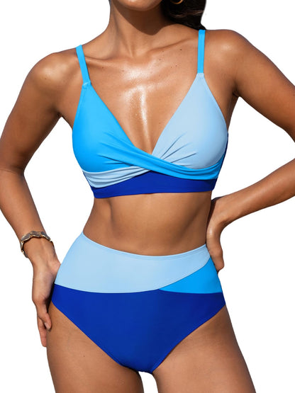 Women's High Waisted Bikini Set - V Neck Twist Front Two Piece Swimsuit with Adjustable Straps Sky Blue Azure Blue