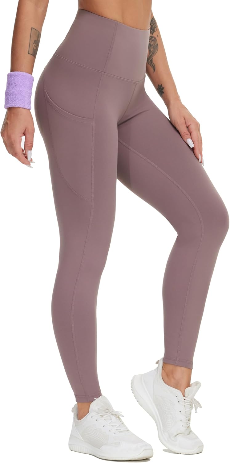 Women's High Waisted Yoga Leggings with Pockets - Thick Tummy Control Workout Pants Brown Purple
