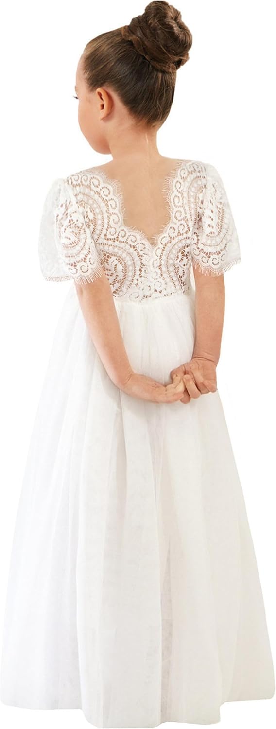 2Bunnies Girl Peony Lace Back A-Line Straight Tutu Tulle Party Flower Girl Dress #2 White Short Sleeve Maxi