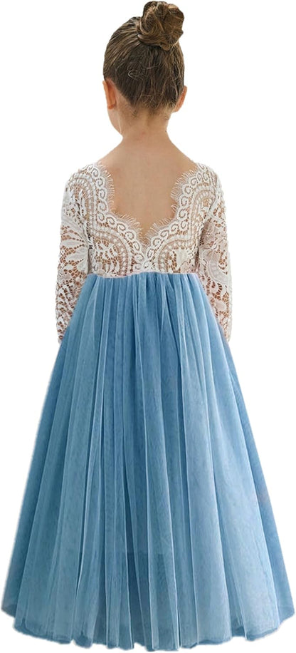 Girls Tulle Flower Girl Dress - Lace Back A-Line Party Dress
