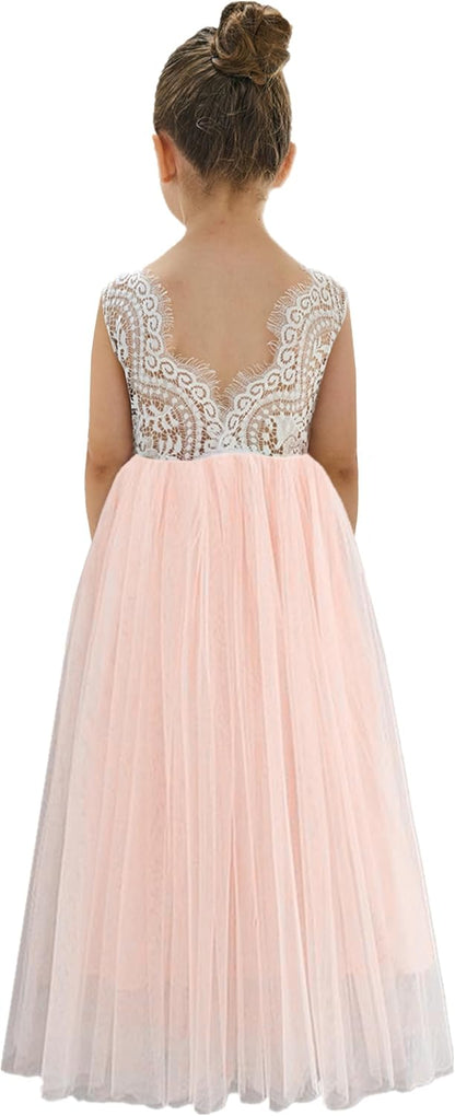 Girls Tulle Flower Girl Dress - Lace Back A-Line Party Dress