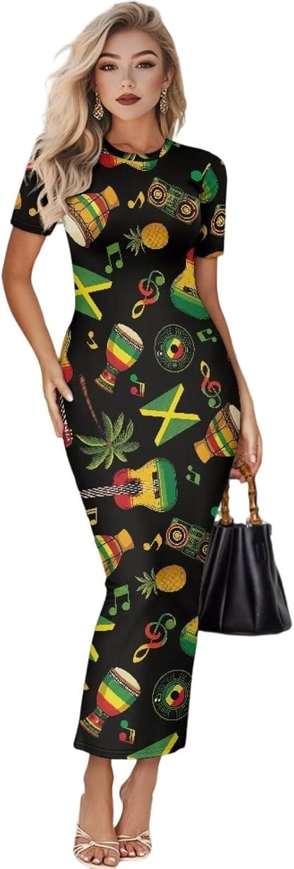 Women's Jamaican Flag Bodycon Midi Dress Short Sleeve Cool Rasta Lion