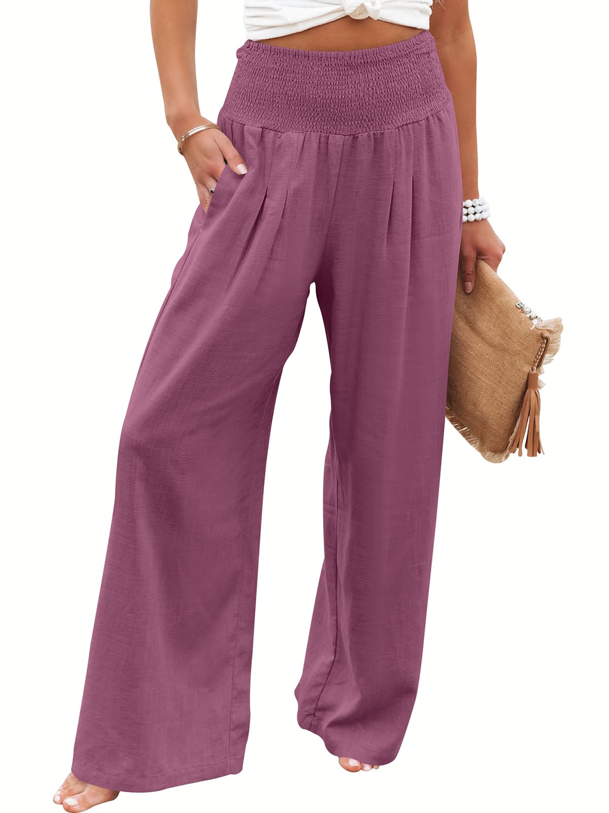 Linen Palazzo Pants Women Wide Leg High Waist Summer Boho Casual Lounge Pants Purple