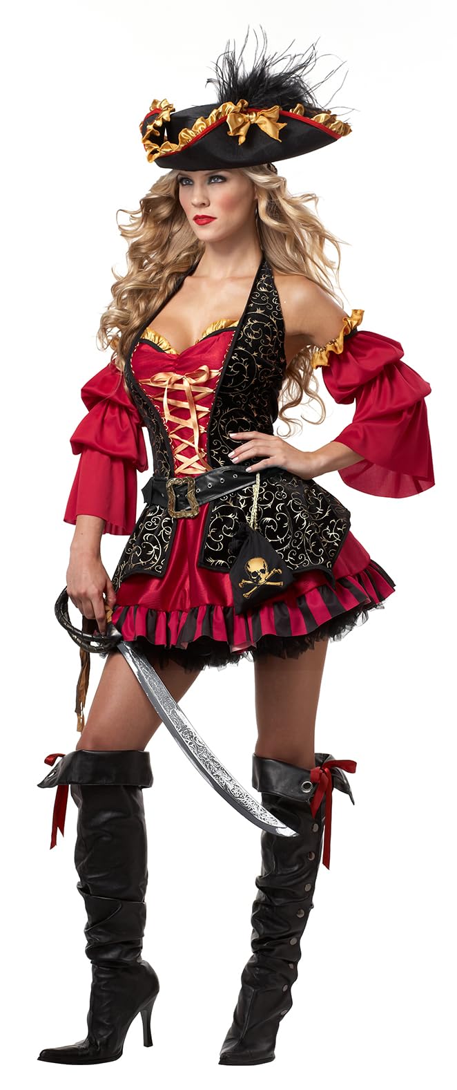 Women's Spanish Pirate Costume - Halter Dress with Corset and Accessories