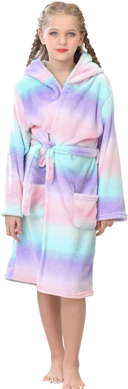 Girls Hooded Fleece Bathrobe - Soft Plush Warm Robe for Kids 3-14 Years Galaxy