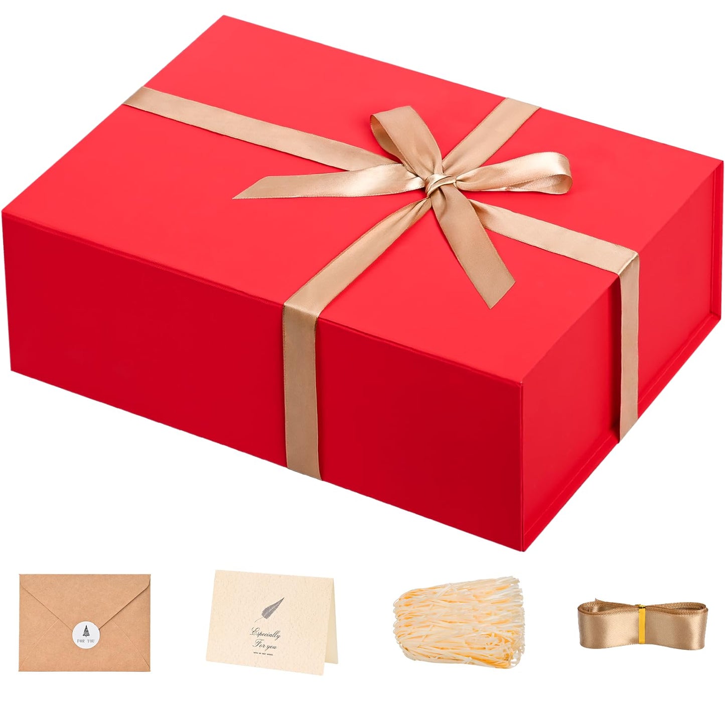 Gift Boxes with Lids 2 Pack - Magnetic Closure with Ribbon, Card, Filler & Sticker 1 Count (Pack of 1) Red