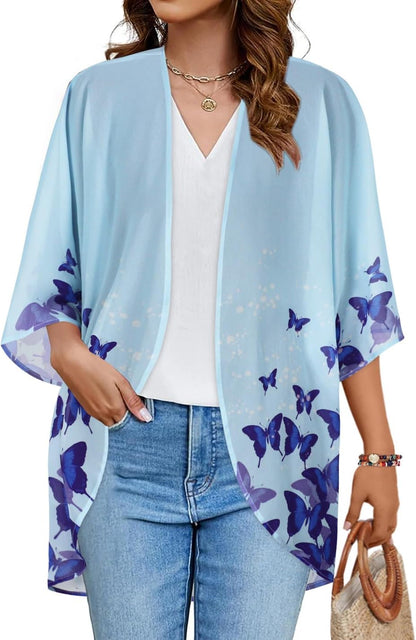 Floral Print Kimono Cardigan Women Puff Sleeve Cover Up Casual Blouse Loose Top XX-Large Butterflies on Blue