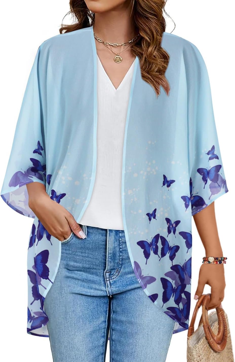 Floral Print Kimono Cardigan Women Puff Sleeve Cover Up Casual Blouse Loose Top XX-Large Butterflies on Blue