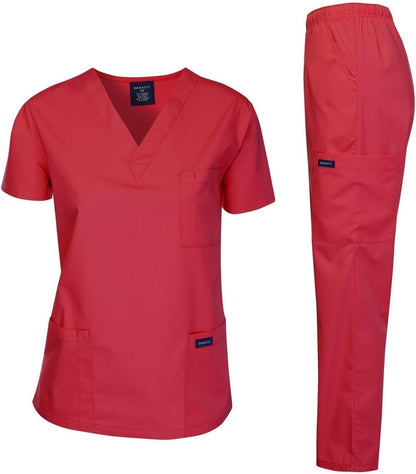 Medical Scrubs Set Unisex - V-Neck Top and Elastic Waist Pants Uniform for Healthcare Workers Red
