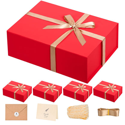 Gift Boxes with Lids 2 Pack - Magnetic Closure with Ribbon, Card, Filler & Sticker 1 Count (Pack of 5) Red