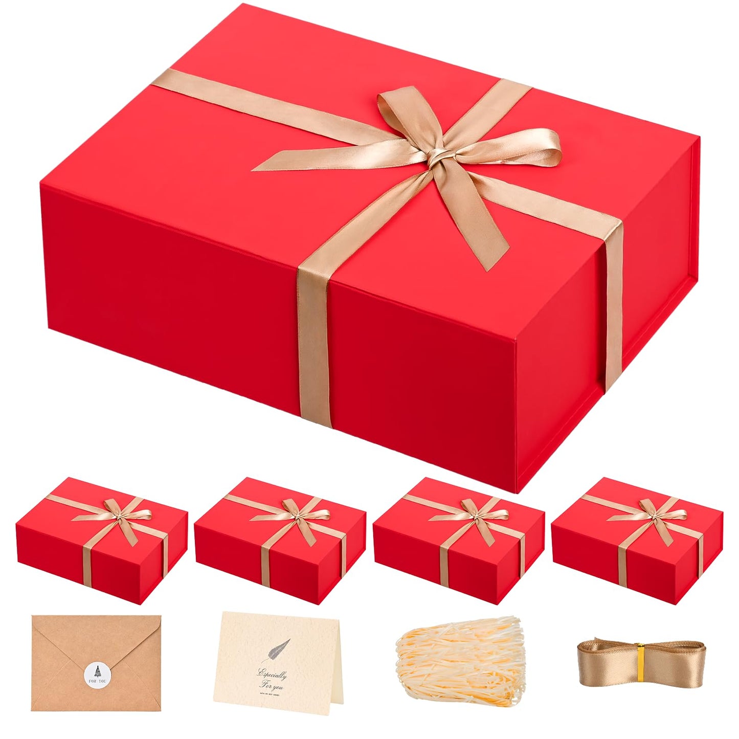 Gift Boxes with Lids 2 Pack - Magnetic Closure with Ribbon, Card, Filler & Sticker 1 Count (Pack of 5) Red