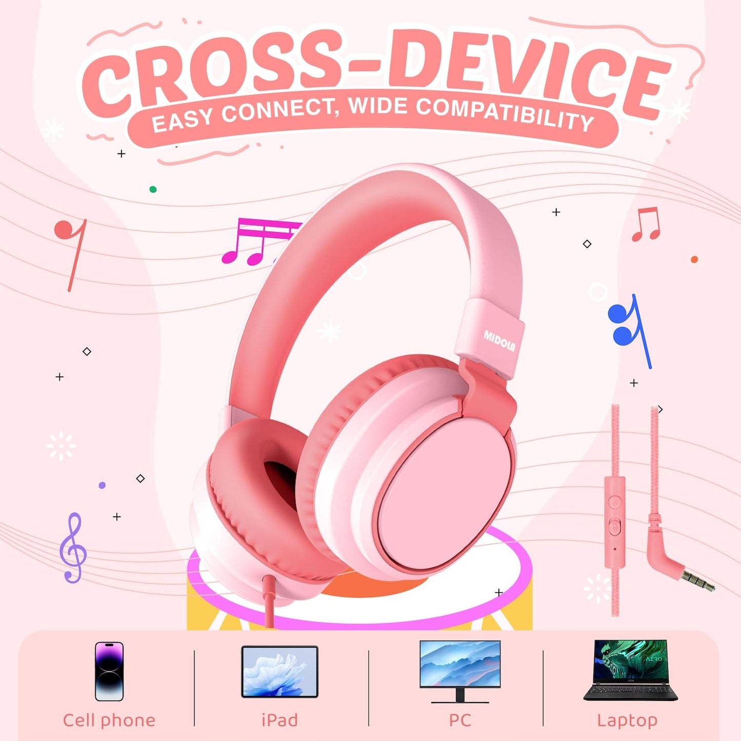 Kids Headphones Volume Limited 85/94dB - Wired Over-Ear Foldable Headset with Microphone Pink