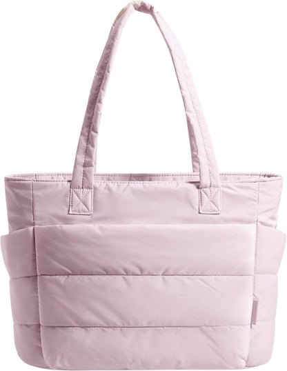Women's Quilted Tote Bag Lightweight Puffy Shoulder Bag with Compartments E-light Pink-standard Size Standard Size