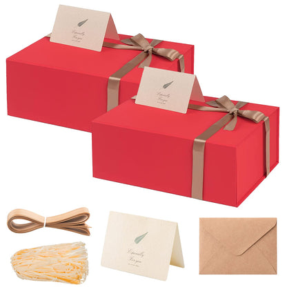Gift Boxes with Lids 2 Pack - Magnetic Closure with Ribbon, Card, Filler & Sticker 1 Count (Pack of 2) Red