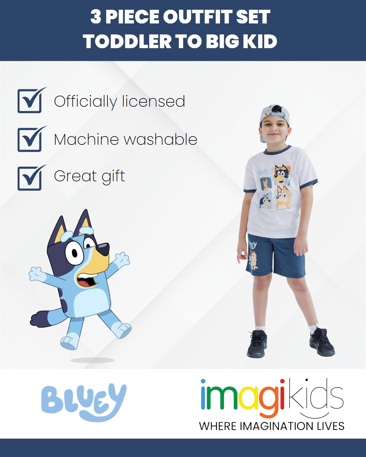 Bluey 3-Piece Kids Outfit Set - T-Shirt, Shorts & Baseball Cap for Toddlers to Big Kids