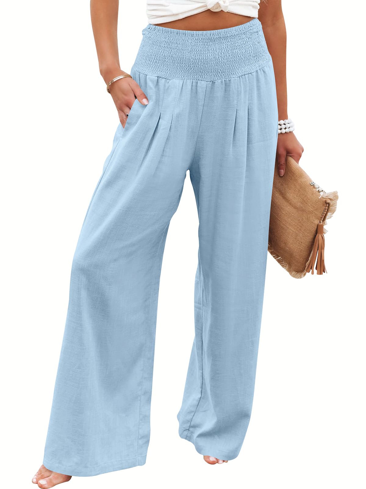 Linen Palazzo Pants Women Wide Leg High Waist Summer Boho Casual Lounge Pants Baby Blue