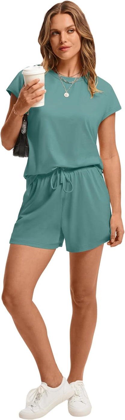 Women's 2 Piece Summer Lounge Set Crew Neck Short Sleeve Tracksuit