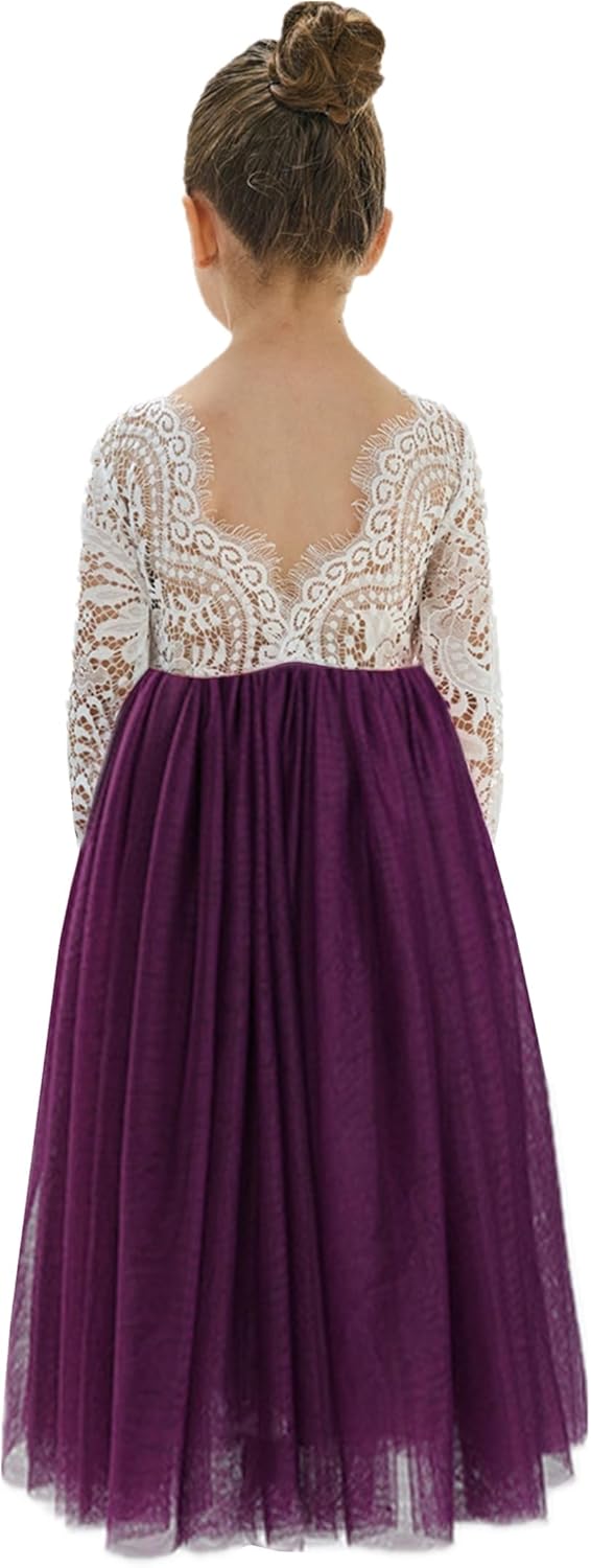 Girls Tulle Flower Girl Dress - Lace Back A-Line Party Dress Plum Sleeve Maxi
