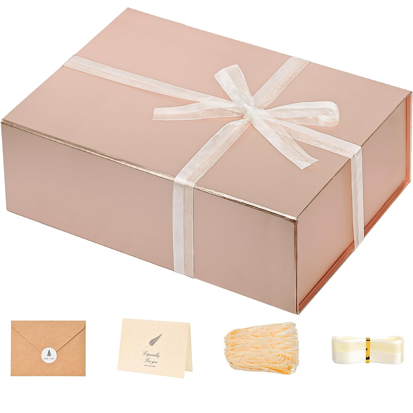 Gift Boxes with Lids 2 Pack - Magnetic Closure with Ribbon, Card, Filler & Sticker 1 Count (Pack of 1) Rose Gold