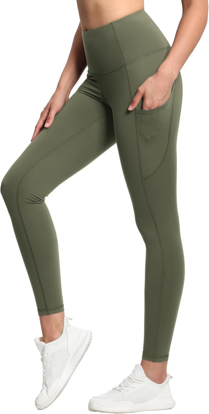 Women's High Waisted Yoga Leggings with Pockets - Thick Tummy Control Workout Pants Olive Green