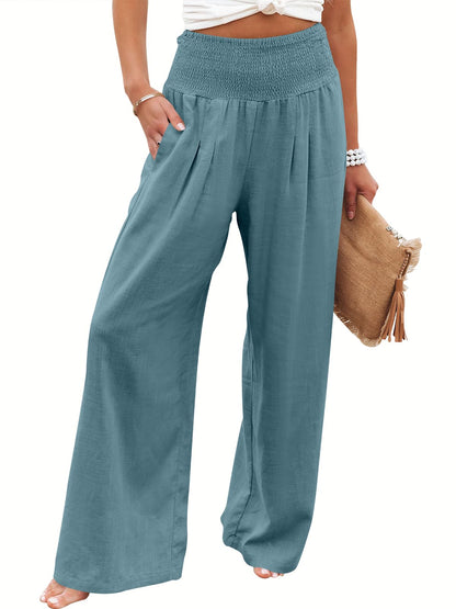 Linen Palazzo Pants Women Wide Leg High Waist Summer Boho Casual Lounge Pants Lake