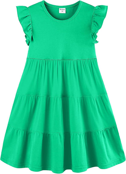 Girls Cotton Dress - Ruffle Sleeve Tiered A-Line Midi Sundress