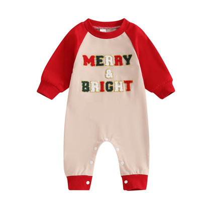 Baby Halloween Pumpkin Patch Romper - Long Sleeve Fall Winter Jumpsuit Embroidered Merry Bright-red Christmas