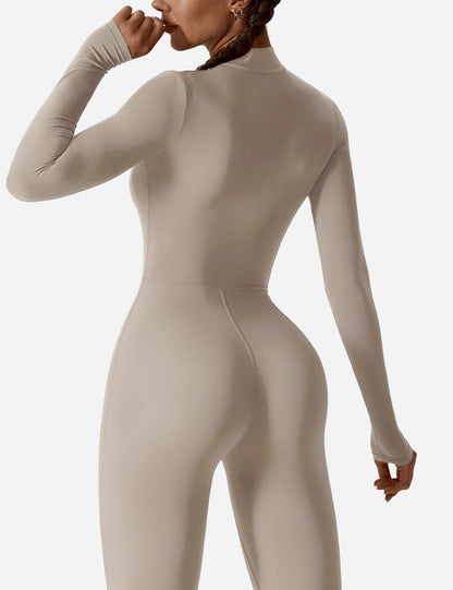 Women's Long Sleeve Workout Jumpsuit - Zip Up Bodycon Romper One Piece