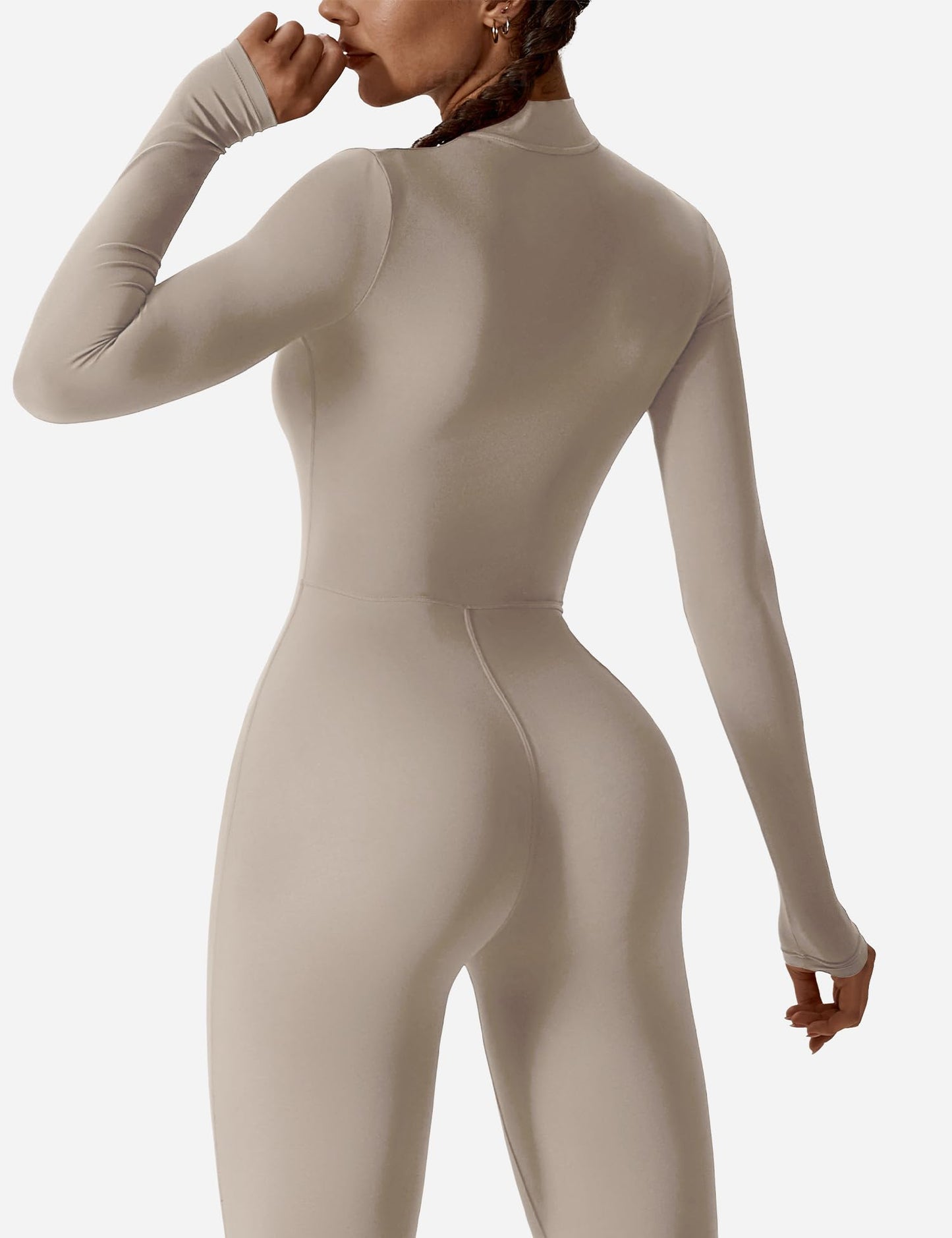 Women's Long Sleeve Workout Jumpsuit - Zip Up Bodycon Romper One Piece
