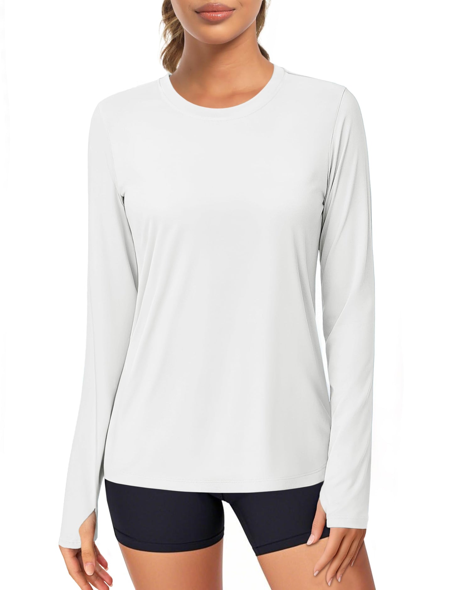 Women's UPF 80+ Long Sleeve Rash Guard - Quick Dry Athletic Shirt with Thumb Holes White