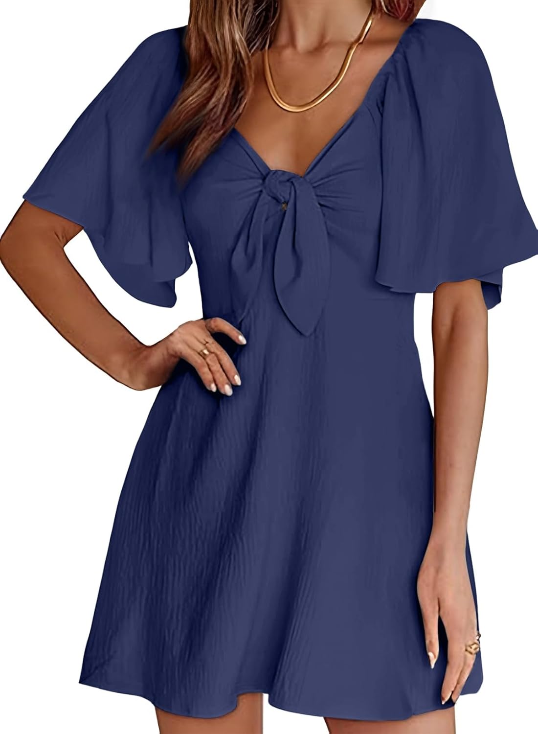 Women's Deep V-Neck Mini Dress with Bow Tie - Elegant Summer Fall Outfit