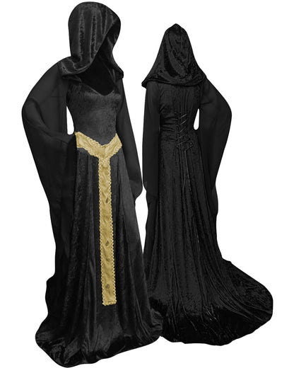 Women's Medieval Hooded Cloak - Vintage Lace-up Long Dress Costume Black