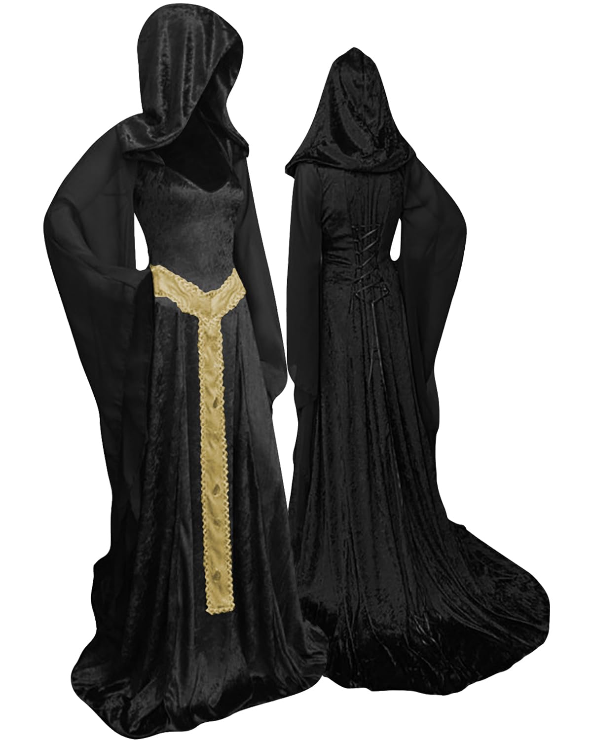 Women's Medieval Hooded Cloak - Vintage Lace-up Long Dress Costume