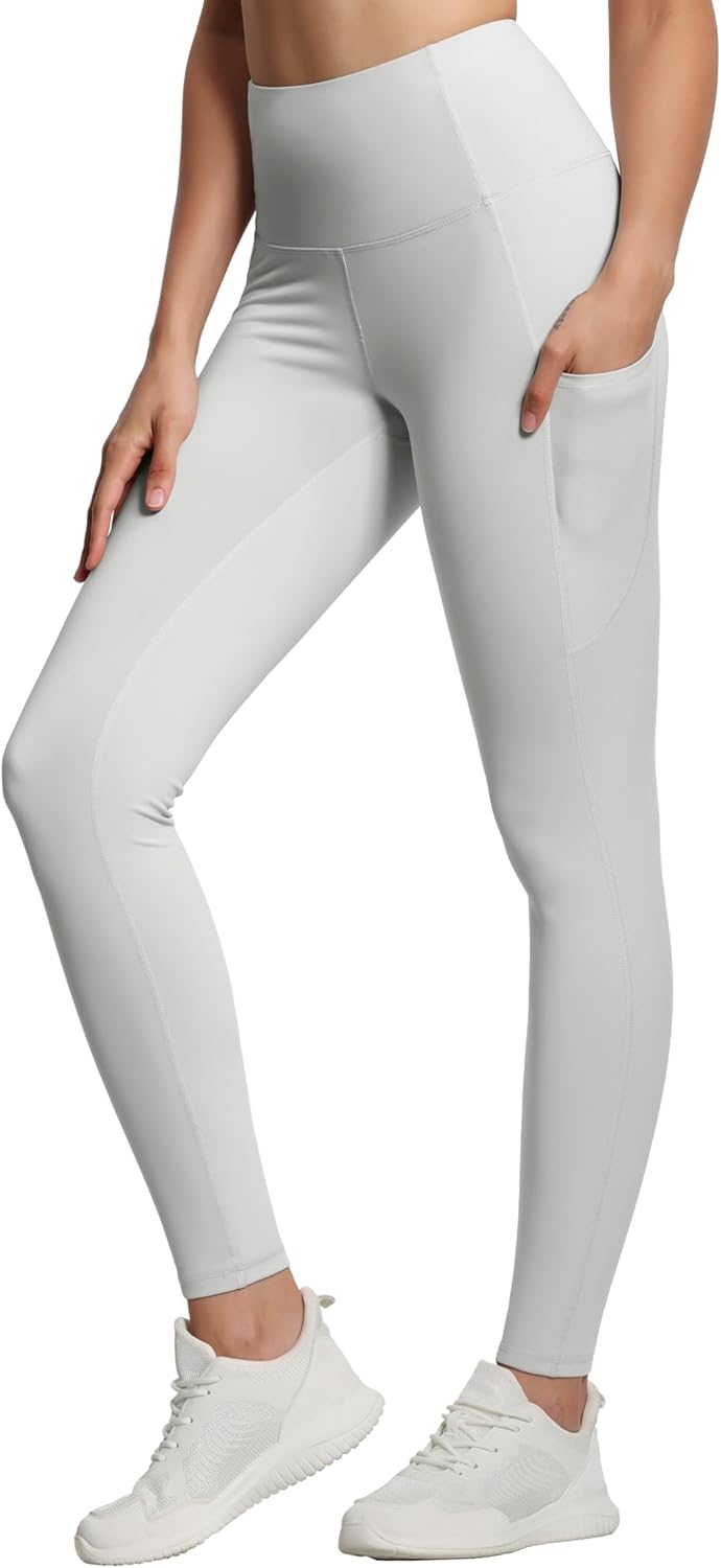Women's High Waisted Yoga Leggings with Pockets - Thick Tummy Control Workout Pants Bright Grey