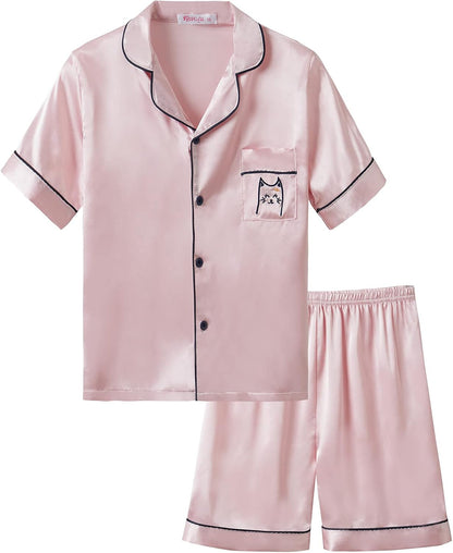 Girls Satin Pajama Set - Silky Button Down PJ with Shorts Size 6-16