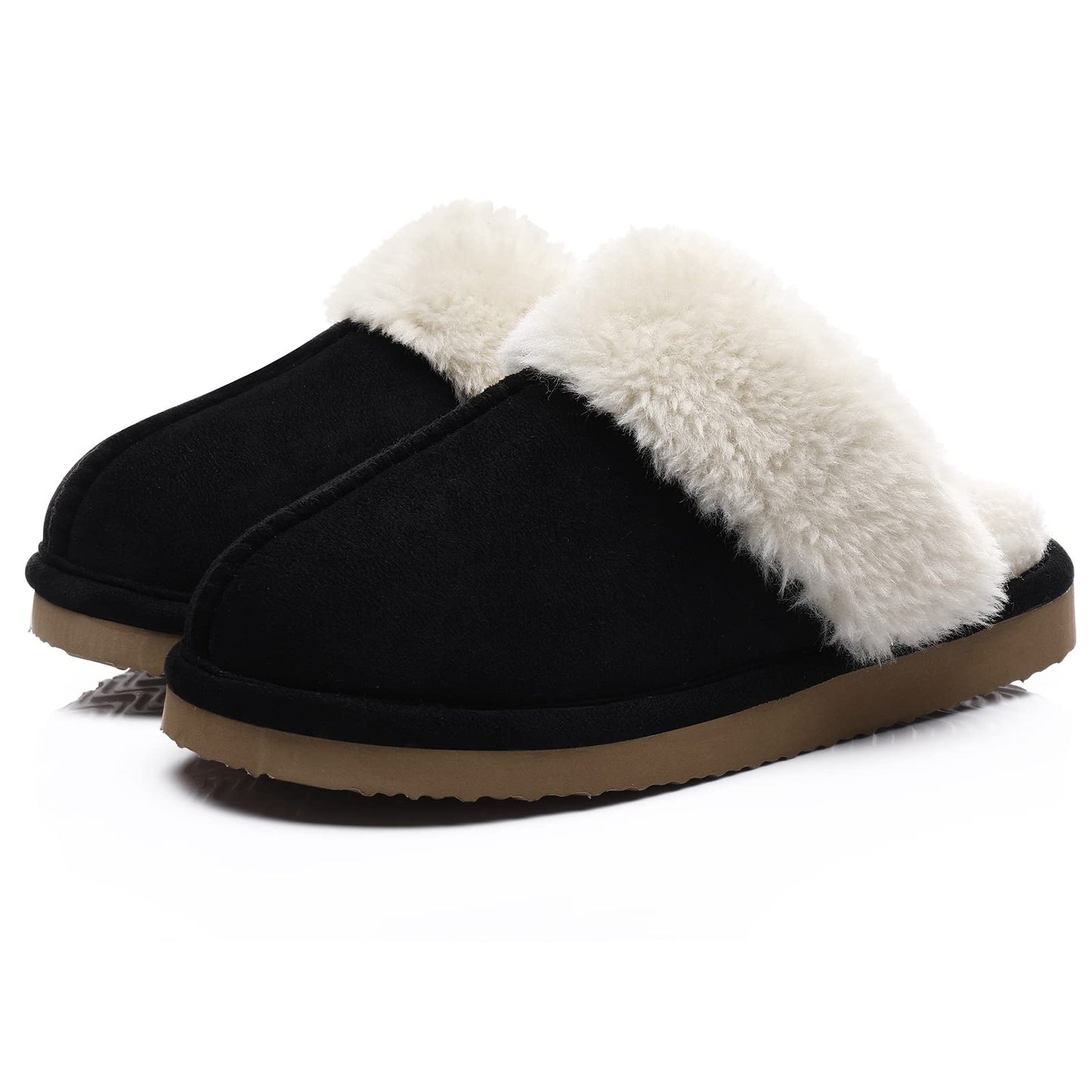 Fuzzy Memory Foam Slippers for Women - Fluffy Winter House Shoes Indoor Outdoor Black
