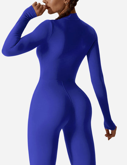 Women's Long Sleeve Workout Jumpsuit - Zip Up Bodycon Romper One Piece