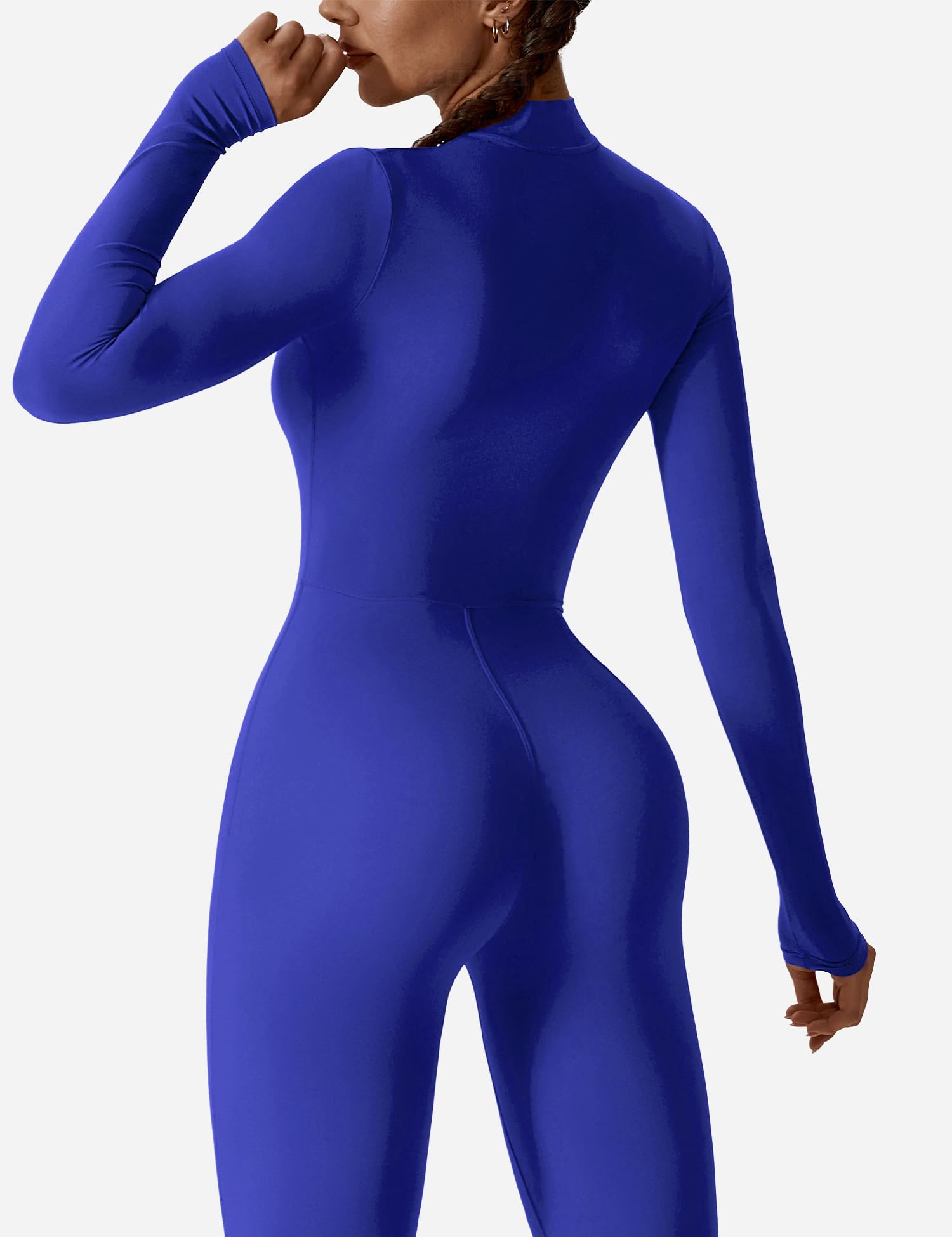 Women's Long Sleeve Workout Jumpsuit - Zip Up Bodycon Romper One Piece